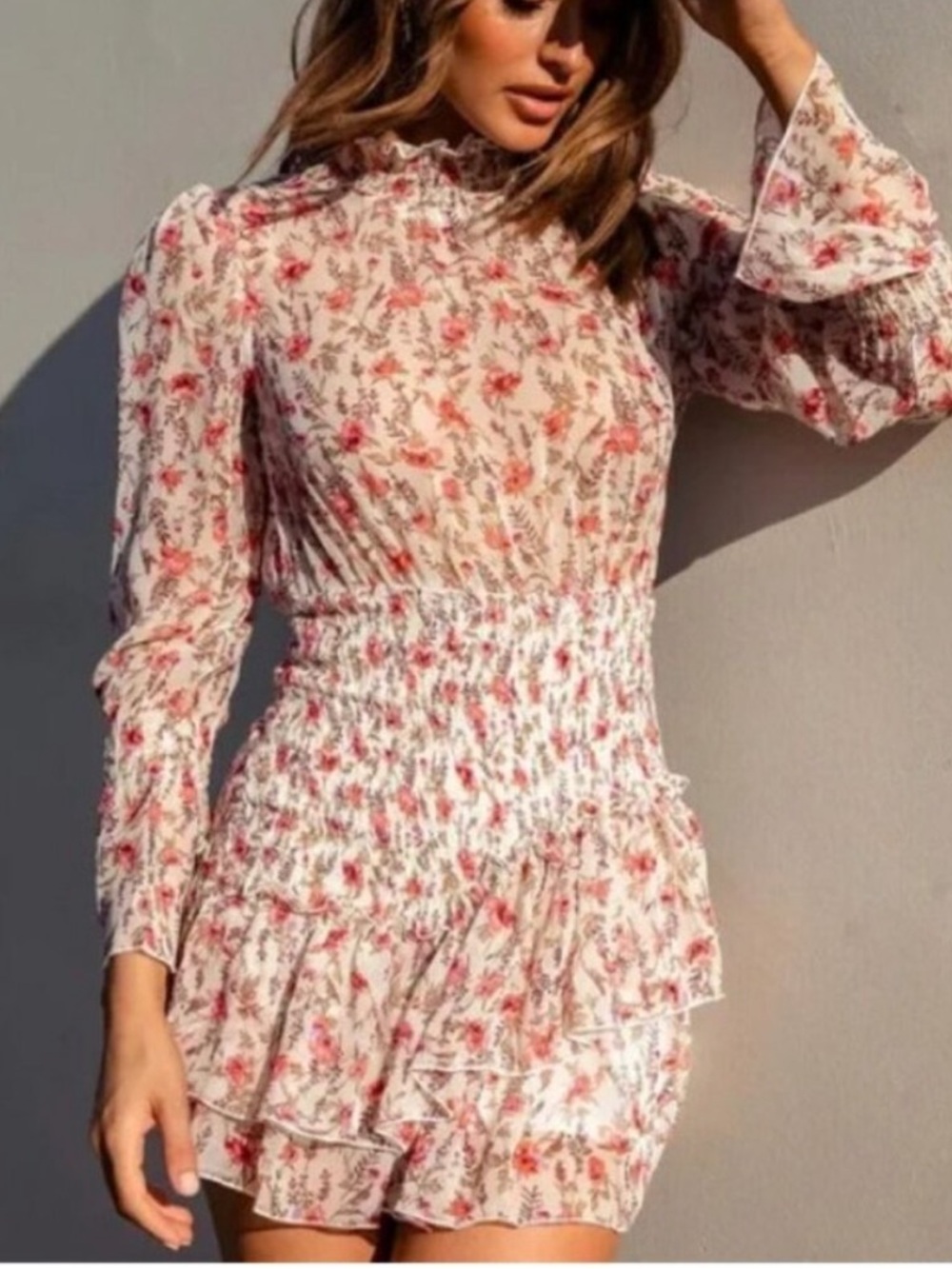 Princess Polly White Floral Smocked Long-Sleeve Mini Dress